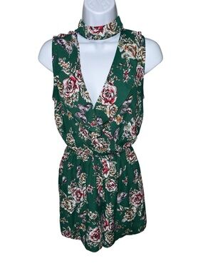 Women’s Monteau Green Floral Sleeveless Romper - M
